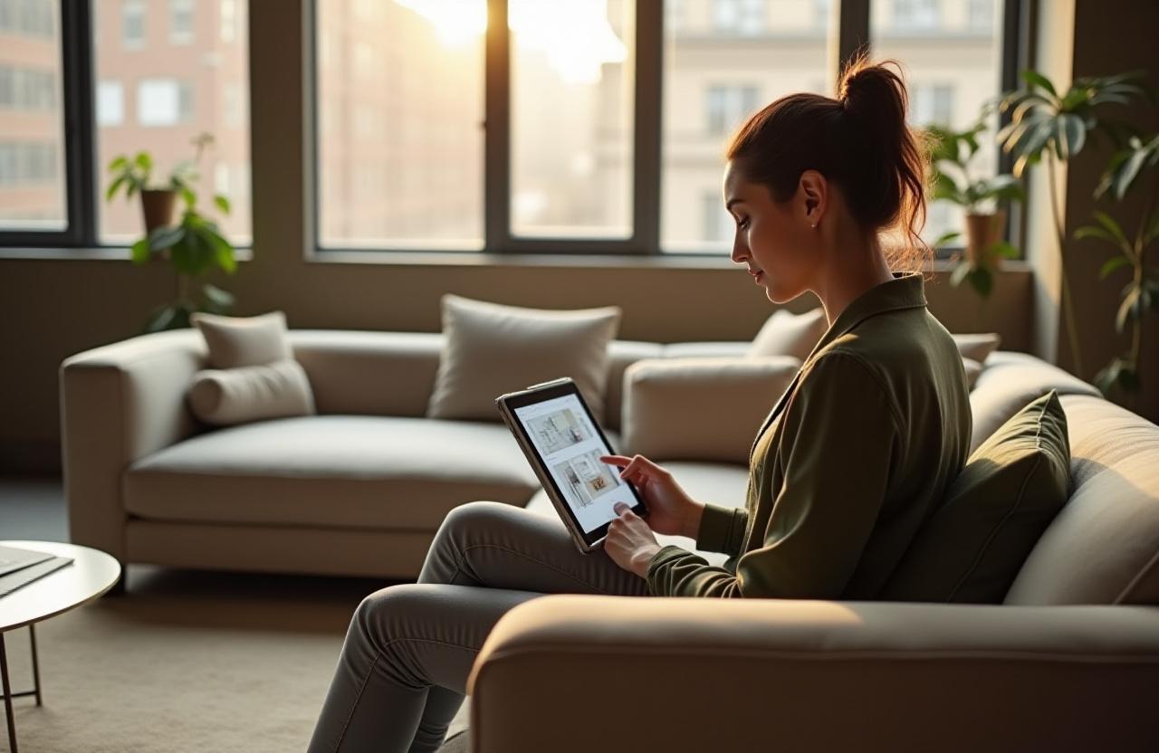 Interior designer working on a tablet in a stylish Brooklyn apartment